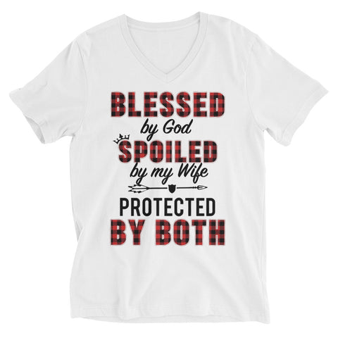 "Blessed by God, Spoiled by Wife"- Unisex Short Sleeve V-Neck T-Shirt